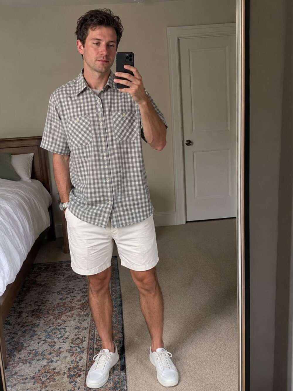 Gray Casual Button Down Shirt with Checkered Pattern